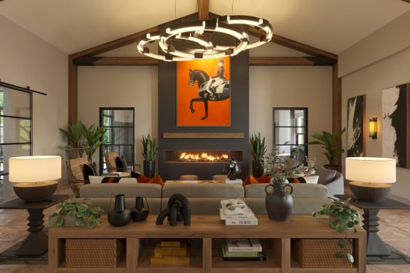 a rendering of a living room with a fireplace and a horse painting on the wall at Madison Prickett Preserve, Yardley
