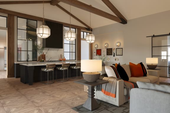 a rendering of a living room with a kitchen in the background at Madison Prickett Preserve, Yardley Pennsylvania