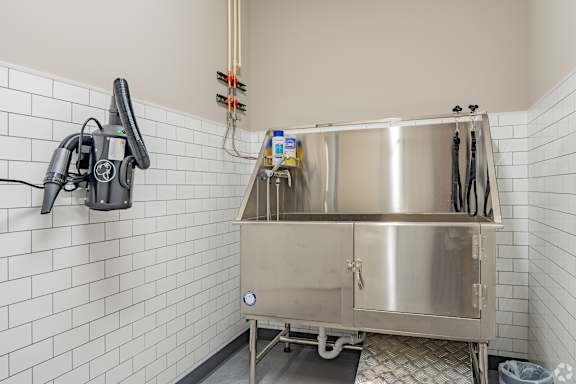 A stainless steel sink in a white tiled bathroom.