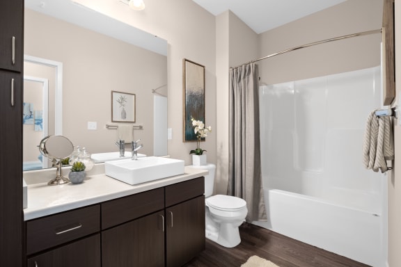 a bathroom with a sink and a toilet and a shower