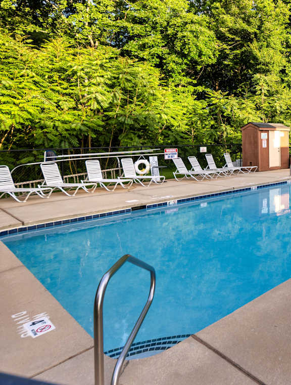 A pool surrounded by trees and chairs.