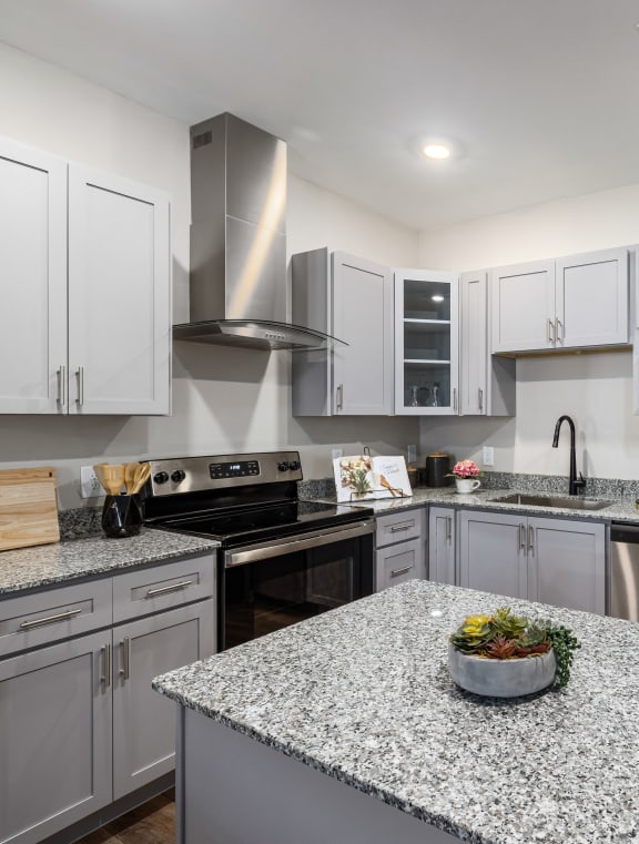 a kitchen with stainless steel appliances and granite counter tops