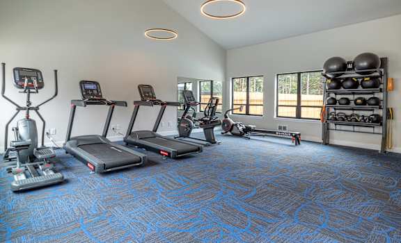 a gym with cardio equipment and weights in a room with windows