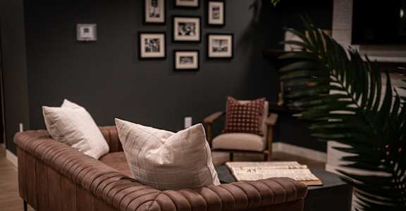 A brown couch with white pillows sits in a room with a plant to the right.
