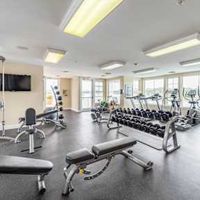A spacious gym with a variety of equipment including treadmills, weights, and exercise machines.