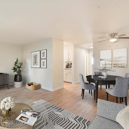 A living room with a grey sofa and a glass coffee table.