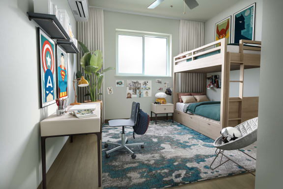 a bedroom with a bunk bed and a desk with a chair and a window