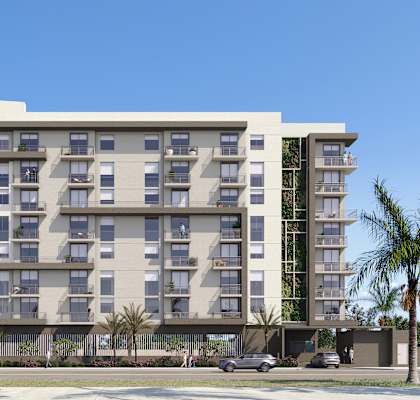 a rendering of an apartment building on the corner of a street