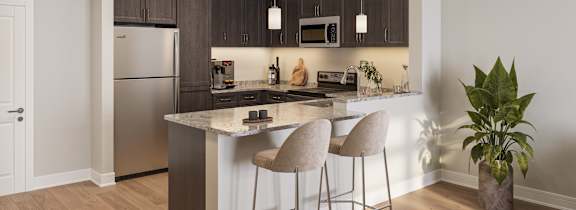A kitchen with a bar area and two chairs.