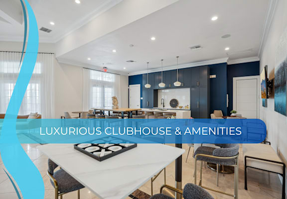 a rendering of a club house with a white table and chairs