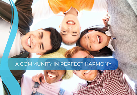 a community in perfect harmony graphic with a group of people standing together