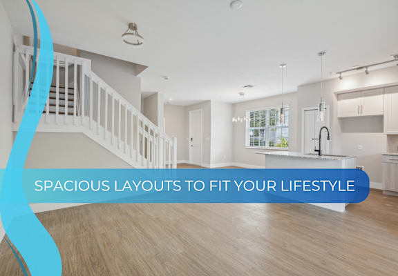 a snapshot of an open kitchen and living room with the words spacious layouts to fit