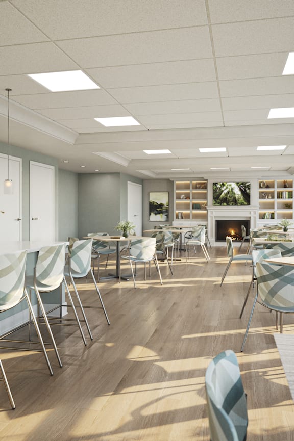 a rendering of a dining room with tables and chairs and a kitchen at Oskamp Flats Apartments, Cincinnati, OH