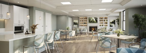 a rendering of a dining room with tables and chairs and a kitchen