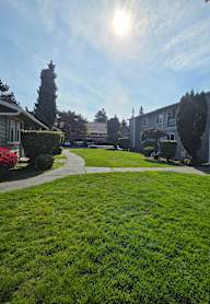 A sunny day in a residential area with houses and green lawns.