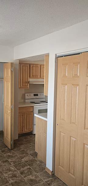 A kitchen area with a stove and oven.