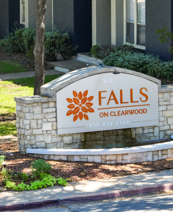 Entrance Sign at Falls on Clearwood Apartments, Richardson, TX