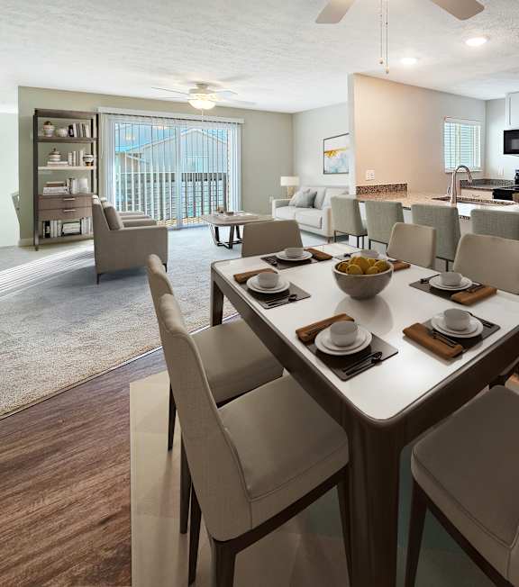 A modern dining room with a table set for six.