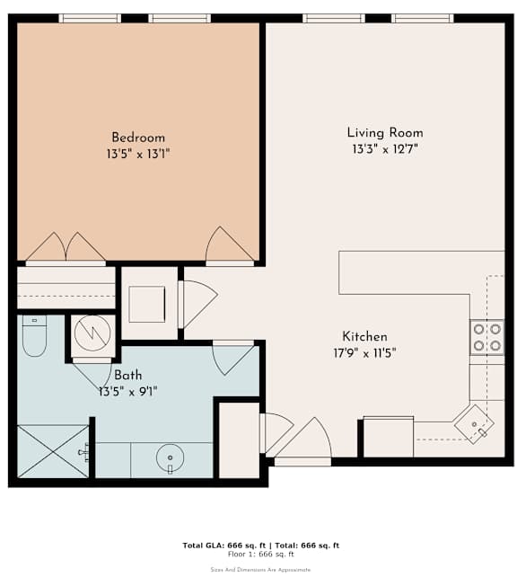 One Bedroom One Bathroom Floorplan at Roosevelt Commons Apartments, Philadelphia, Pennsylvania