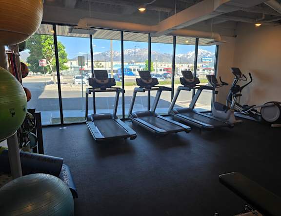 A gym with treadmills, elliptical machines, and exercise balls.