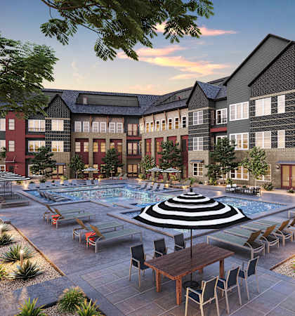 a rendering of an apartment complex with a pool and tables