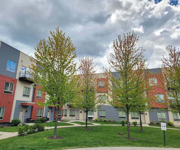 Apartment complex with trees in front.