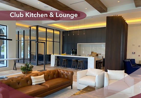 a rendering of a club kitchen and lounge with a couch