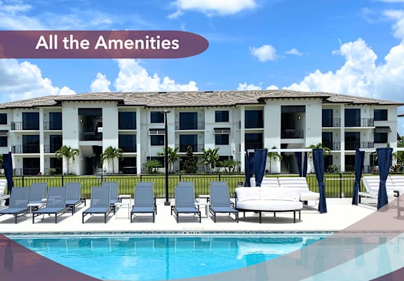 a snapshot of a pool with an apartment building in the background