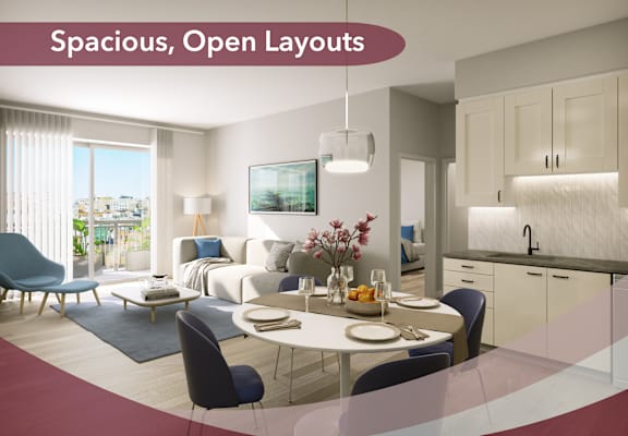 a spacious open layouts living room and kitchen in an apartment