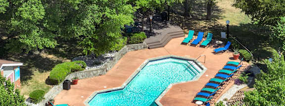 Aerial pool view at Foxborough Apartments, Irving, TX