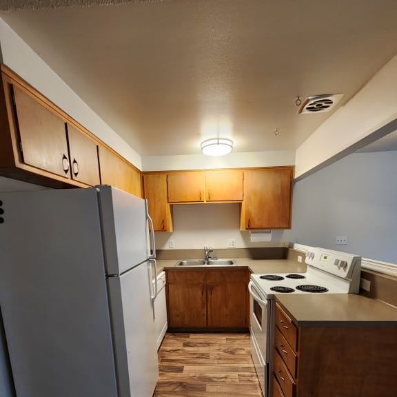 a kitchen with a stove and a refrigerator