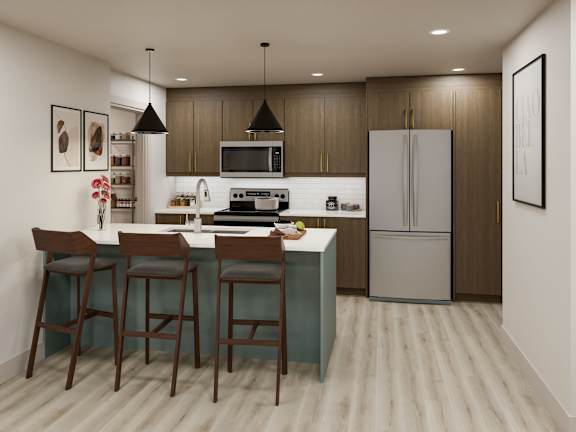 A modern kitchen with a bar stool and a refrigerator.