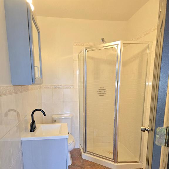 A bathroom with a shower stall and a white sink.