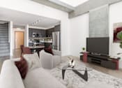 Thumbnail 21 of 21 - A modern living room with a grey couch and a black coffee table at One 333, Chicago, IL, 60605