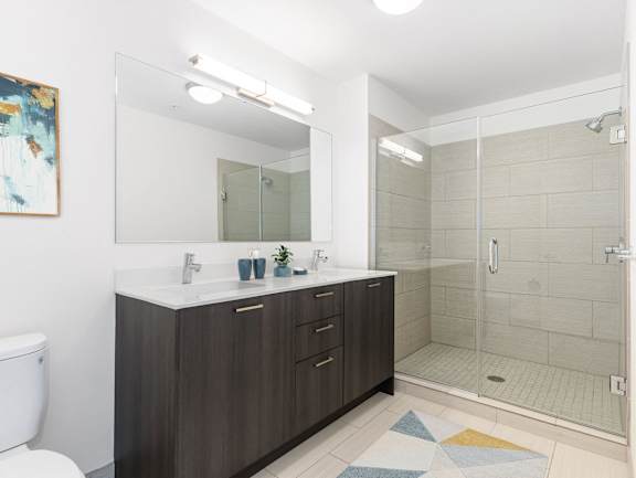 A bathroom with a white toilet, a sink with a mirror above it, and a walk-in shower at One 333, Chicago, 60605