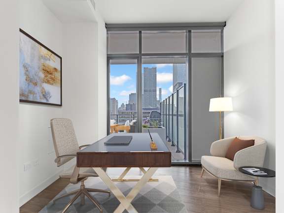 a conference room with a desk and a view of the city