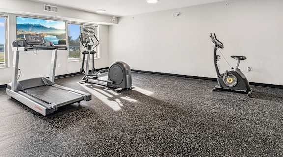 A spacious gym with a treadmill, stationary bike, and elliptical trainer.
