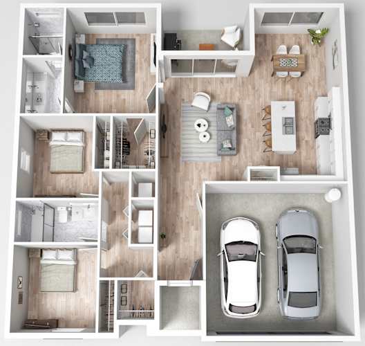 a 3d floor plan of a house with a car in the bedroom