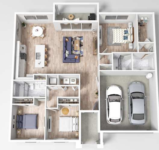 a 3 bedroom floor plan of a house with a car in the garage