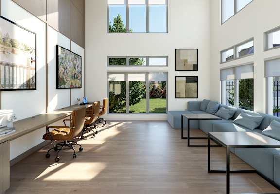 A modern living room with a long wooden table and chairs.