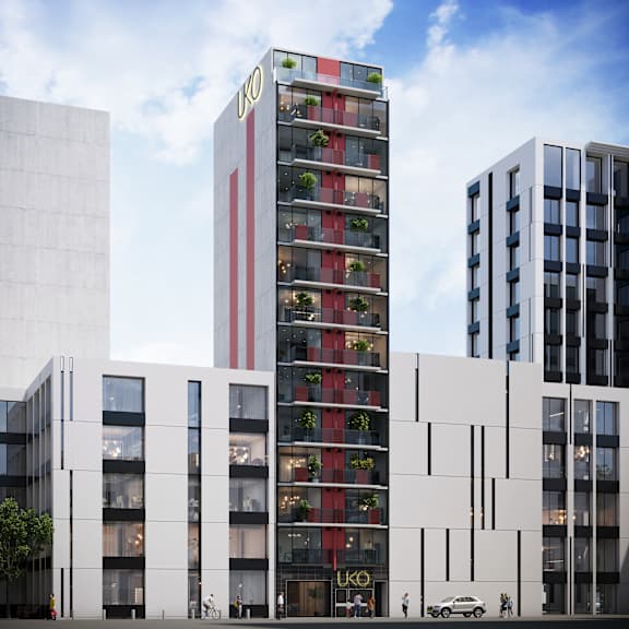 an illustration of a tall building with balconies and plants