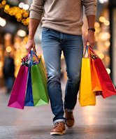 A man is walking with colorful shopping bags in his hands.