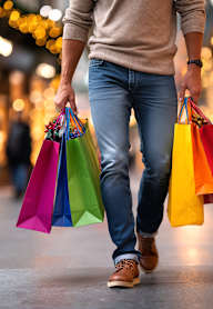 A man is walking with colorful shopping bags in his hands.