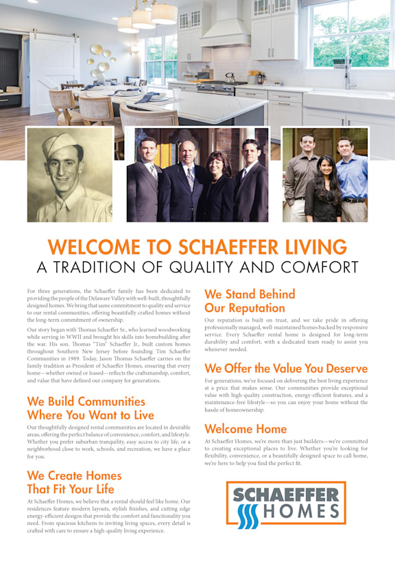 A flyer for Schaeffers Homes with images of houses and text about the company.