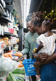family together picking out groceries