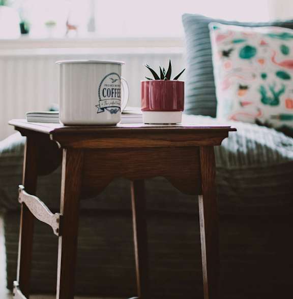 A wooden table with a white coffee container and a small plant on it.