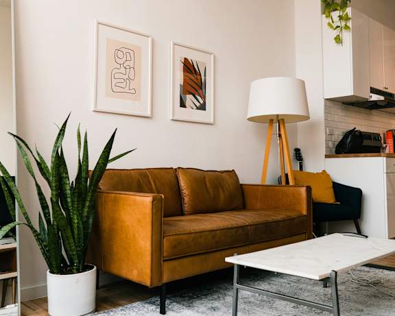 A living room with a brown couch, a white table, and a plant.