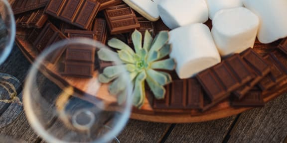 a close up of a plate of marshmallows and succulents on a table