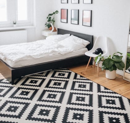 a bedroom with a bed and a black and white rug