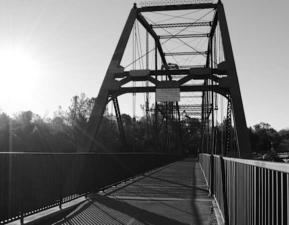 A black and white image of a bridge with the sun shining through the trees.